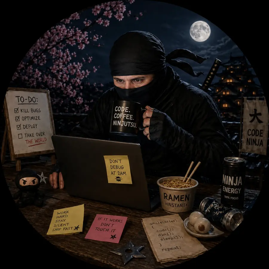Aleš Langer working at a laptop, drawn as a night-shift code ninja